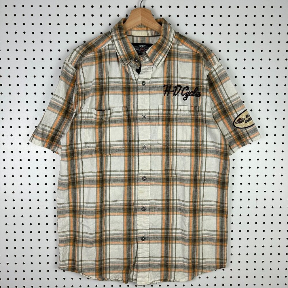 Harley Davidson Motorcycle Biker Mechanic Shirt Medium Plaid Cream Orange Linen